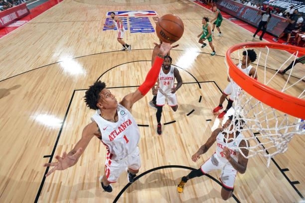 Jalen Johnson of the Atlanta Hawks rebounds the ball during the game against the Boston Celtics during the 2021 Las Vegas Summer League on August 8,...