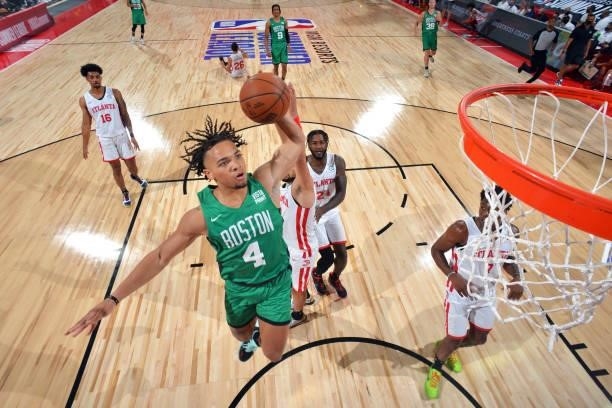 Carsen Edwards of the Boston Celtics shoots the ball during the game against the Atlanta Hawks during the 2021 Las Vegas Summer League on August 8,...