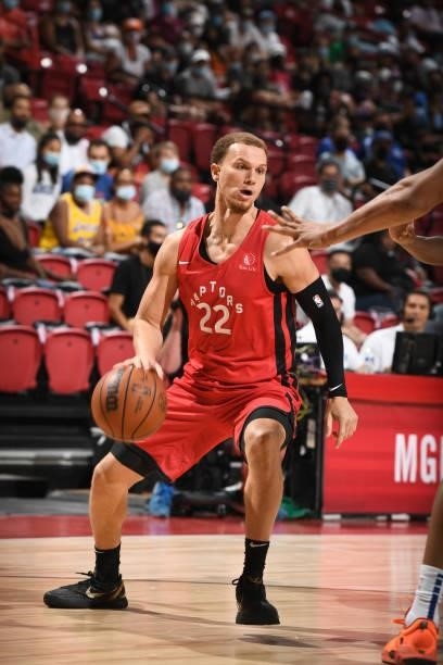 Malachi Flynn of the Toronto Raptors drives to the basket against the New York Knicks during the 2021 Las Vegas Summer League on August 8, 2021 at...