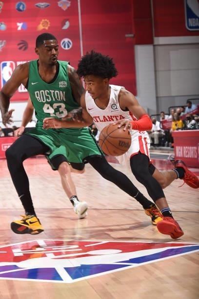 Sharife Cooper of the Atlanta Hawks drives to the basket during the game against the Boston Celtics during the 2021 Las Vegas Summer League on August...