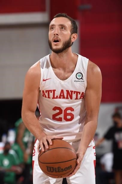 Max Heidegger of the Atlanta Hawks looks on during the game against the Boston Celtics during the 2021 Las Vegas Summer League on August 8, 2021 at...