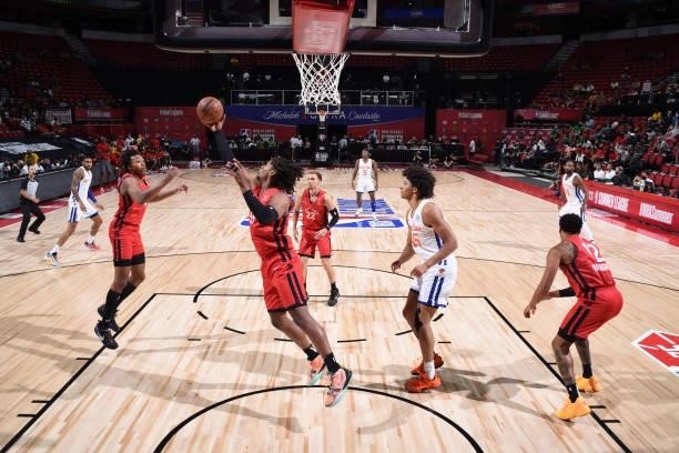 Freddie Gillespie of the Toronto Raptors rebounds the ball against the New York Knicks during the 2021 Las Vegas Summer League on August 8, 2021 at...