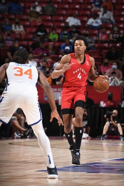 Scottie Barnes of the Toronto Raptors dribbles the ball against the New York Knicks during the 2021 Las Vegas Summer League on August 8, 2021 at the...