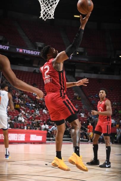 Ishmail Wainright of the Toronto Raptors shoots the ball against the New York Knicks during the 2021 Las Vegas Summer League on August 8, 2021 at the...