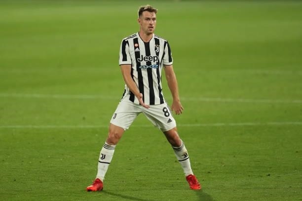 Aaron Ramsey of Juventus during the Joan Gamper Trophy match between FC Barcleona and Juventus played at Johan Cruyff Stadium on August 8, 2021 in...