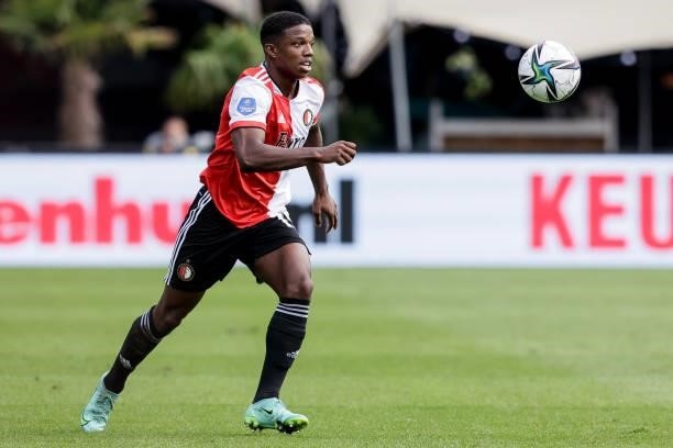 Tyrell Malacia of Feyenoord during the Club Friendly match between Feyenoord v Atletico Madrid at the Stadium Feijenoord on August 8, 2021 in...