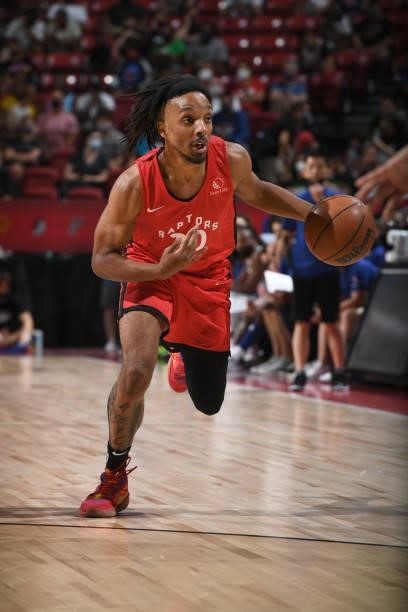 Matt Morgan of the Toronto Raptors drives to the basket against the New York Knicks during the 2021 Las Vegas Summer League on August 8, 2021 at the...