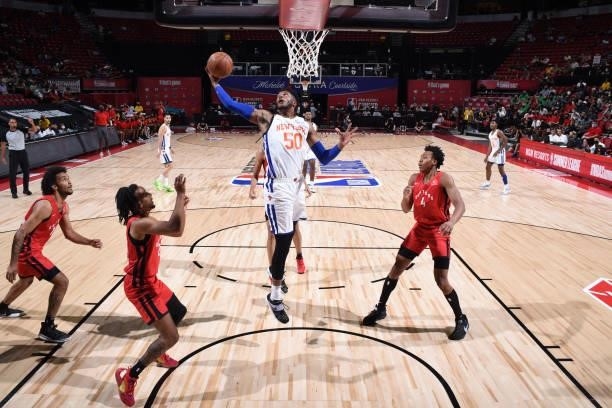 Justin Patton of the New York Knicks rebounds the ball against the Toronto Raptors during the 2021 Las Vegas Summer League on August 8, 2021 at the...