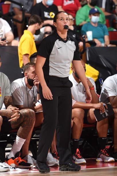 Official Kaitlynn Bunger looks on during the Boston Celtics against the Atlanta Hawks during the 2021 Las Vegas Summer League on August 8, 2021 at...