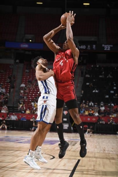 Scottie Barnes of the Toronto Raptors shoots the ball against the New York Knicks during the 2021 Las Vegas Summer League on August 8, 2021 at the...