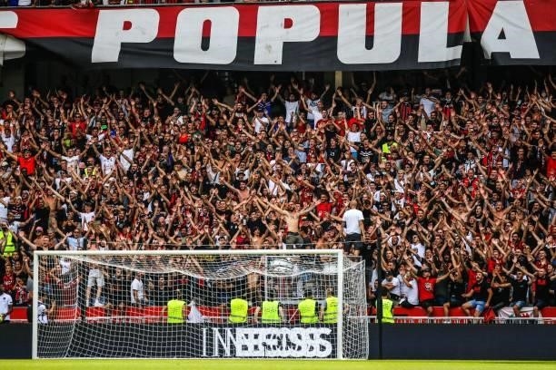 Fans Nice during the Ligue 1 football match between Nice and Reims at Allianz Riviera on August 8, 2021 in Nice, France.