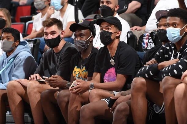 Trae Young of the Atlanta Hawks attends the game against the Boston Celtics during the 2021 Las Vegas Summer League on August 8, 2021 at the Cox...
