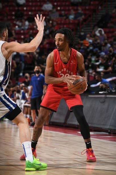 Matt Morgan of the Toronto Raptors handles the ball against the New York Knicks during the 2021 Las Vegas Summer League on August 8, 2021 at the...
