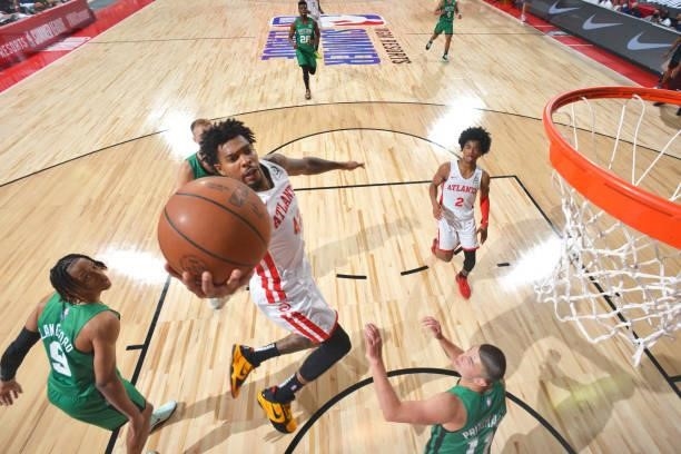 DeVaughn Akoon-Purcell of the Atlanta Hawks shoots the ball during the game against the Boston Celtics during the 2021 Las Vegas Summer League on...