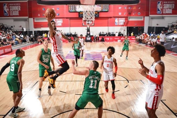 DeVaughn Akoon-Purcell of the Atlanta Hawks shoots the ball during the game against the Boston Celtics during the 2021 Las Vegas Summer League on...