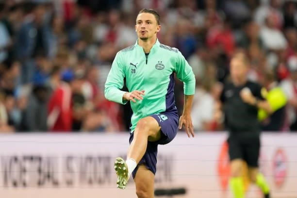 Olivier Boscagli of PSV during the warming up during the Dutch Johan Cruijff Schaal match between Ajax v PSV at the Johan Cruijff Arena on August 7,...