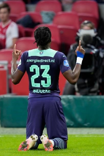 Noni Madueke of PSV celebrates 0-2 during the Dutch Johan Cruijff Schaal match between Ajax v PSV at the Johan Cruijff Arena on August 7, 2021 in...