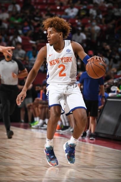 Miles McBride of the New York Knicks handles the ball against the Toronto Raptors during the 2021 Las Vegas Summer League on August 8, 2021 at the...