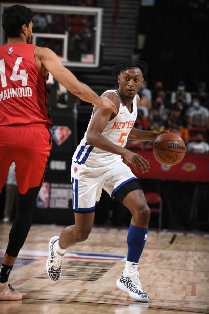 Immanuel Quickley of the New York Knicks dribbles the ball against the Toronto Raptors during the 2021 Las Vegas Summer League on August 8, 2021 at...