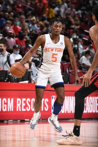 Immanuel Quickley of the New York Knicks handles the ball against the Toronto Raptors during the 2021 Las Vegas Summer League on August 8, 2021 at...