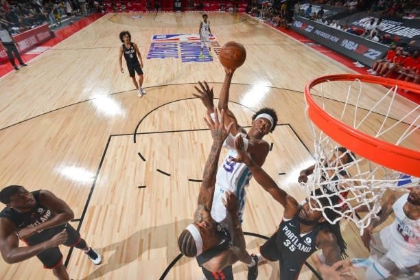 Kai Jones of the Charlotte Hornets shoots the ball during the 2021 Las Vegas Summer League on August 8, 2021 at the Cox Pavilion in Las Vegas,...