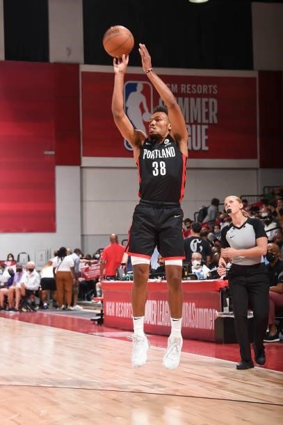 George King of the Portland Trail Blazers shoots the ball during the 2021 Las Vegas Summer League on August 8, 2021 at the Cox Pavilion in Las Vegas,...