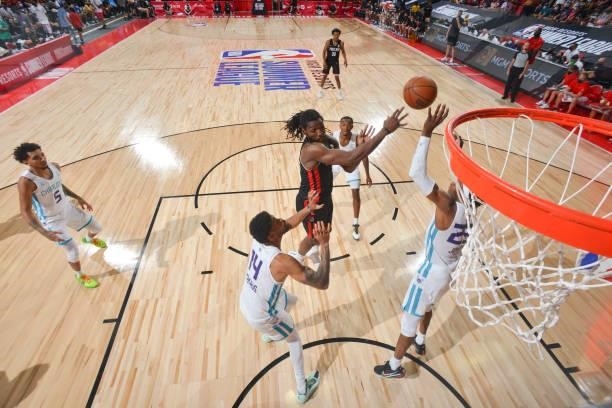Kenneth Faried of the Portland Trail Blazers passes the ball during the 2021 Las Vegas Summer League on August 8, 2021 at the Cox Pavilion in Las...