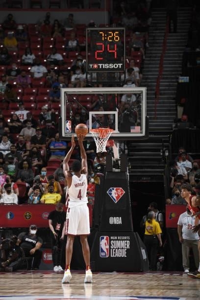 Evan Mobley of the Cleveland Cavaliers shoots a free throw against the Houston Rockets during the 2021 Las Vegas Summer League on August 8, 2021 at...