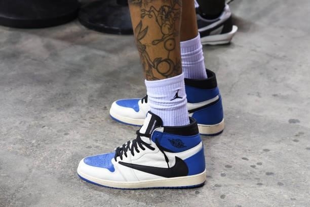 The sneakers of Obi Toppin of the New York Knicks during Day 1 of the 2021 Las Vegas Summer League on August 8, 2021 at the Thomas & Mack Center in...