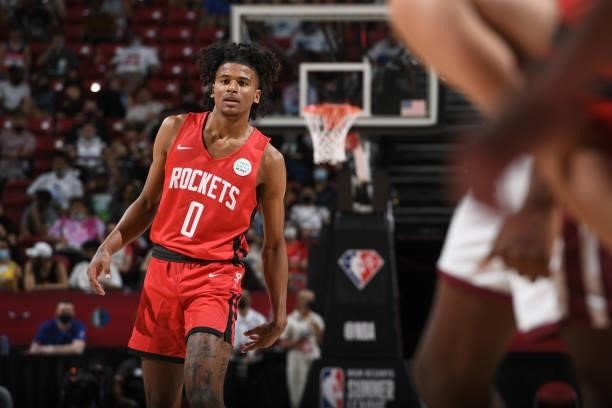 Jalen Green of the Houston Rockets looks on during the game against the Cleveland Cavaliers during the 2021 Las Vegas Summer League on August 8, 2021...
