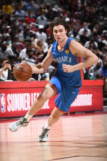 Josh Giddey of the Oklahoma City Thunder drives to the basket against the Detroit Pistons during the 2021 Las Vegas Summer League on August 8, 2021...
