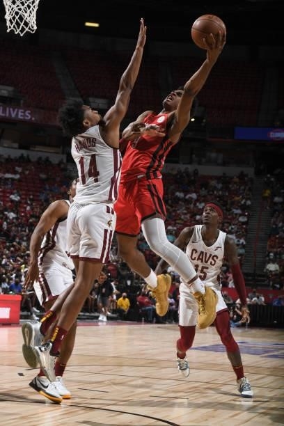 Josh Christopher of the Houston Rockets drives to the basket against the Cleveland Cavaliers during the 2021 Las Vegas Summer League on August 8,...
