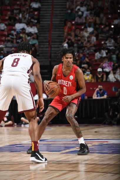 Jalen Green of the Houston Rockets handles the ball against the Cleveland Cavaliers during the 2021 Las Vegas Summer League on August 8, 2021 at the...