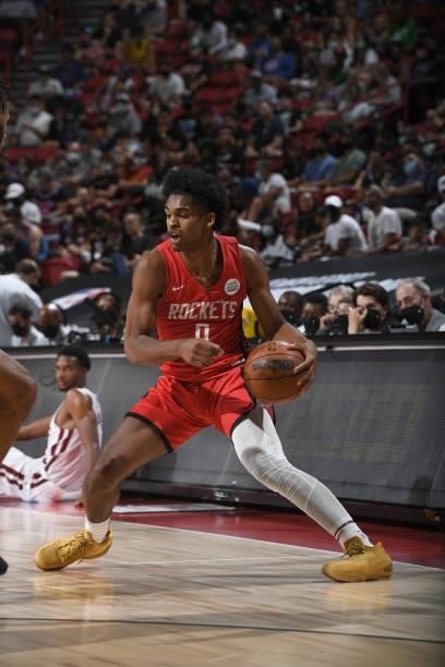Josh Christopher of the Houston Rockets handles the ball against the Cleveland Cavaliers during the 2021 Las Vegas Summer League on August 8, 2021 at...