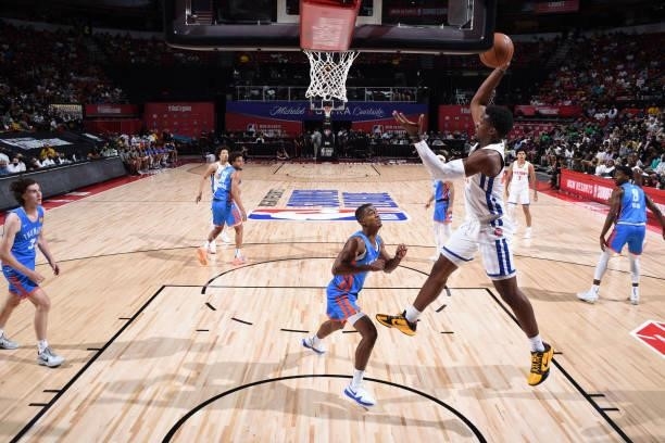 Tyler Cook of the Detroit Pistons passes the ball against the Oklahoma City Thunder during the 2021 Las Vegas Summer League on August 8, 2021 at the...