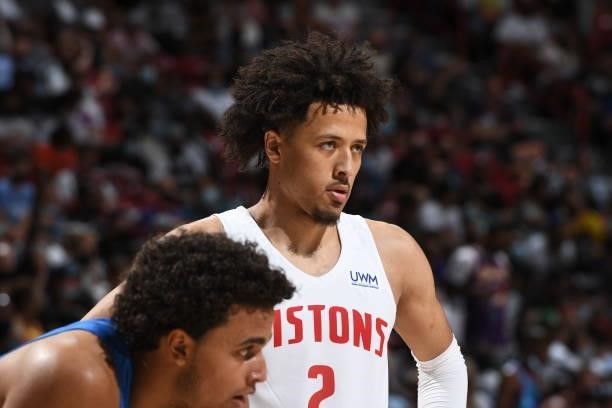 Cade Cunningham of the Detroit Pistons looks on during the 2021 Las Vegas Summer League on August 8, 2021 at the Thomas & Mack Center in Las Vegas,...