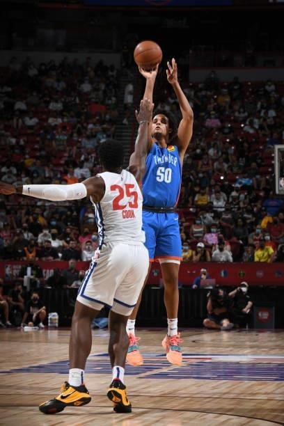 Jeremiah Robinson-Earl of the Oklahoma City Thunder shoots a three point basket against the Detroit Pistons during the 2021 Las Vegas Summer League...