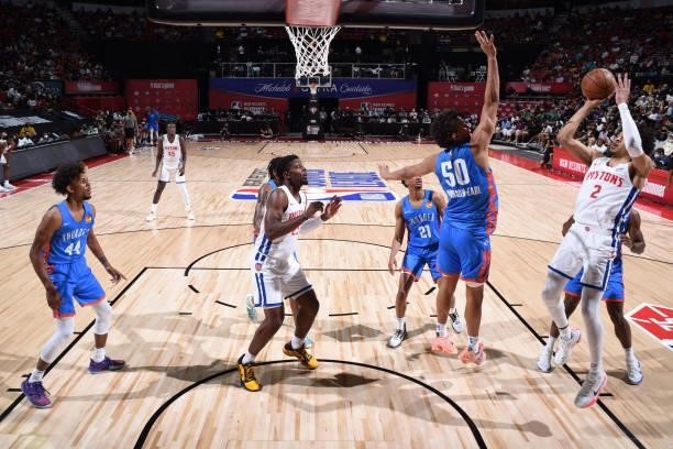 Cade Cunningham of the Detroit Pistons shoots the ball against the Oklahoma City Thunder during the 2021 Las Vegas Summer League on August 8, 2021 at...