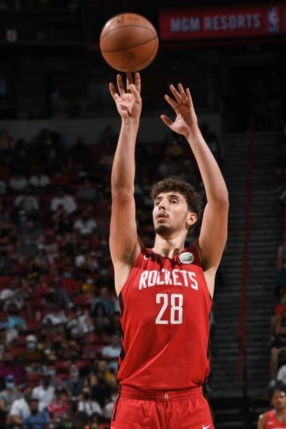 Alperen Sengun of the Houston Rockets shoots a free throw against the Cleveland Cavaliers during the 2021 Las Vegas Summer League on August 8, 2021...