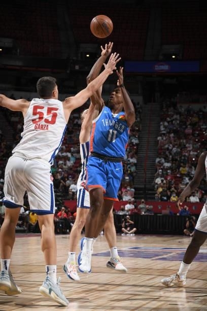 Theo Maledon of the Oklahoma City Thunder shoots the ball against the Detroit Pistons during the 2021 Las Vegas Summer League on August 8, 2021 at...