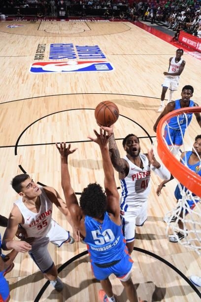 Saddiq Bey of the Detroit Pistons shoots the ball against the Oklahoma City Thunder during the 2021 Las Vegas Summer League on August 8, 2021 at the...