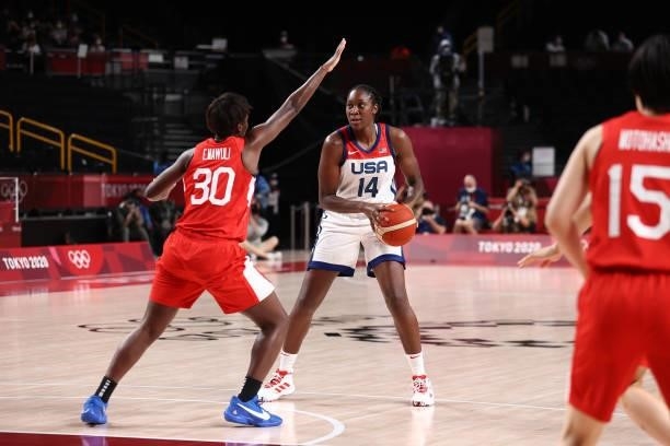 Tina Charles of the USA Women's National Team looks to pass the ball against the Japan Women's National Team during the Gold Medal Game of the 2020...