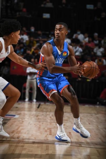 Theo Maledon of the Oklahoma City Thunder looks to pass the ball against the Detroit Pistons during the 2021 Las Vegas Summer League on August 8,...