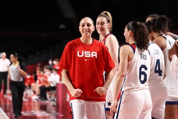 Diana Taurasi of the USA Women's National Team celebrates after winning the Gold Medal Game of the 2020 Tokyo Olympics at the Super Saitama Arena on...