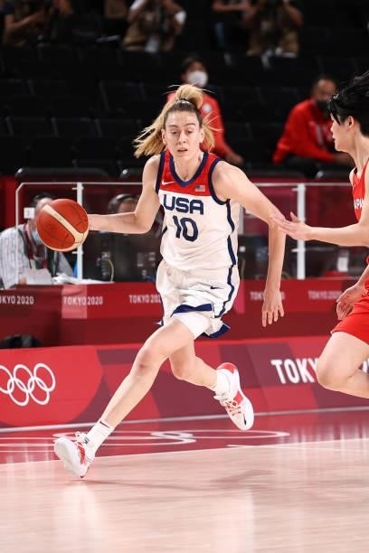 Breanna Stewart of the USA Women's National Team dribbles the ball against the Japan Women's National Team during the Gold Medal Game of the 2020...