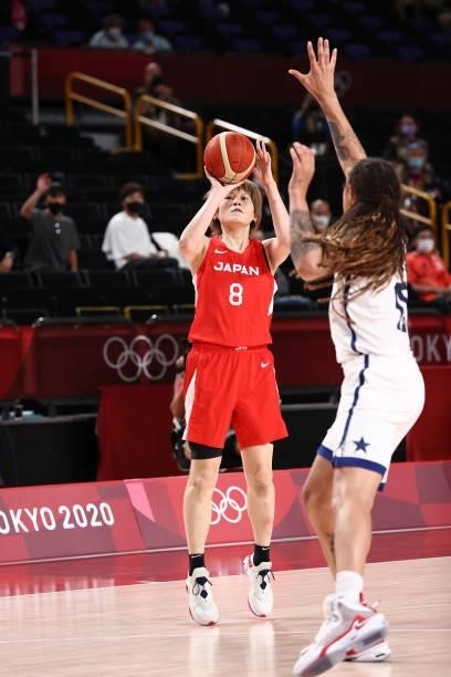 Maki Takada of the Japan Women's National Team shoots a three point basket against the USA Women's National Team during the Gold Medal Game of the...