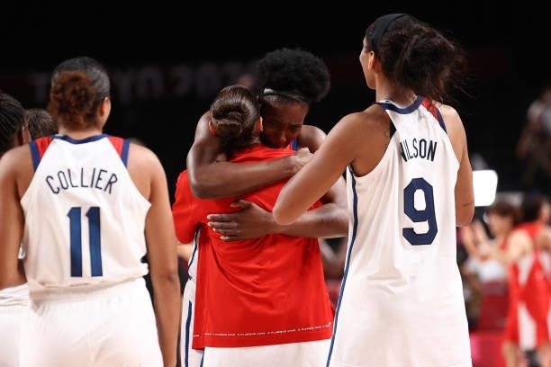 Diana Taurasi and Sylvia Fowles of the USA Women's National Team embrace after winning the Gold Medal Game of the 2020 Tokyo Olympics at the Super...