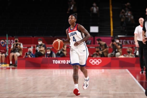 Jewell Loyd of the USA Women's National Team dribbles the ball against the Japan Women's National Team during the Gold Medal Game of the 2020 Tokyo...