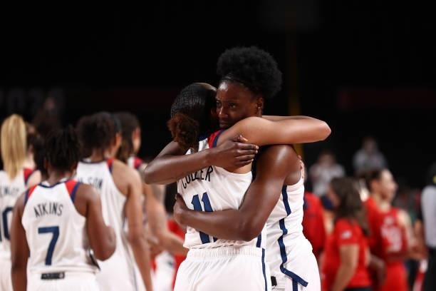 Napheesa Collier and Sylvia Fowles of the USA Women's National Team embrace after winning the Gold Medal Game of the 2020 Tokyo Olympics at the Super...