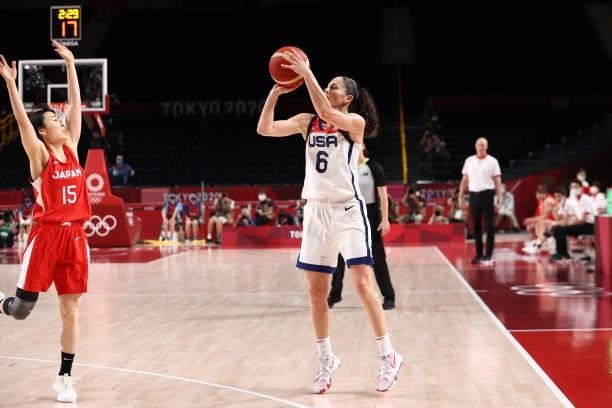 Sue Bird of the USA Women's National Team shoots a three point basket against the Japan Women's National Team during the Gold Medal Game of the 2020...